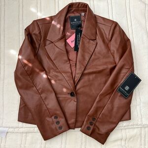 Bagatelle Brown Blazer Cropped Leather Jacket